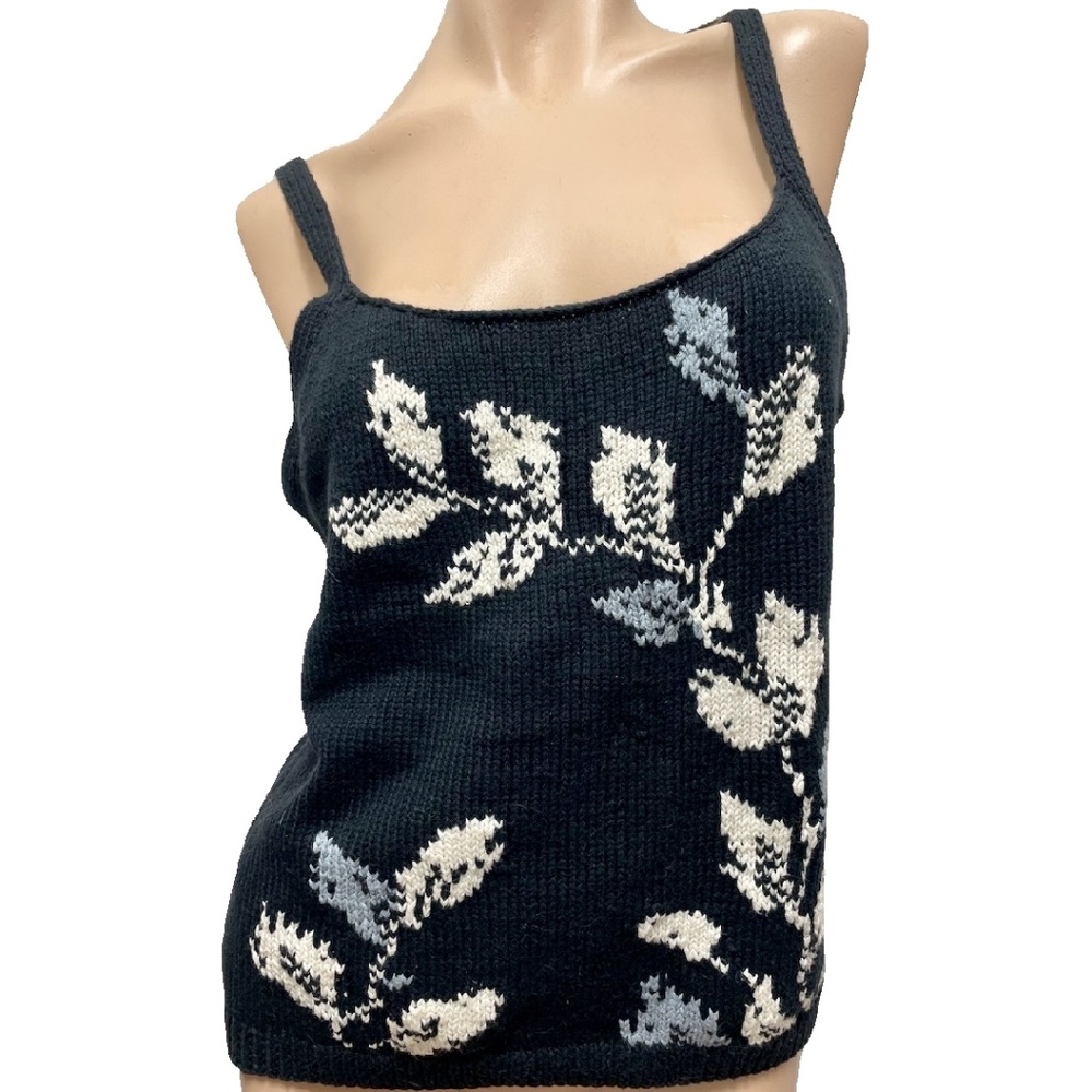 NWT Jones New York Sweater Tank Misses MEDIUM Black w Florals 100% Cotton Knit